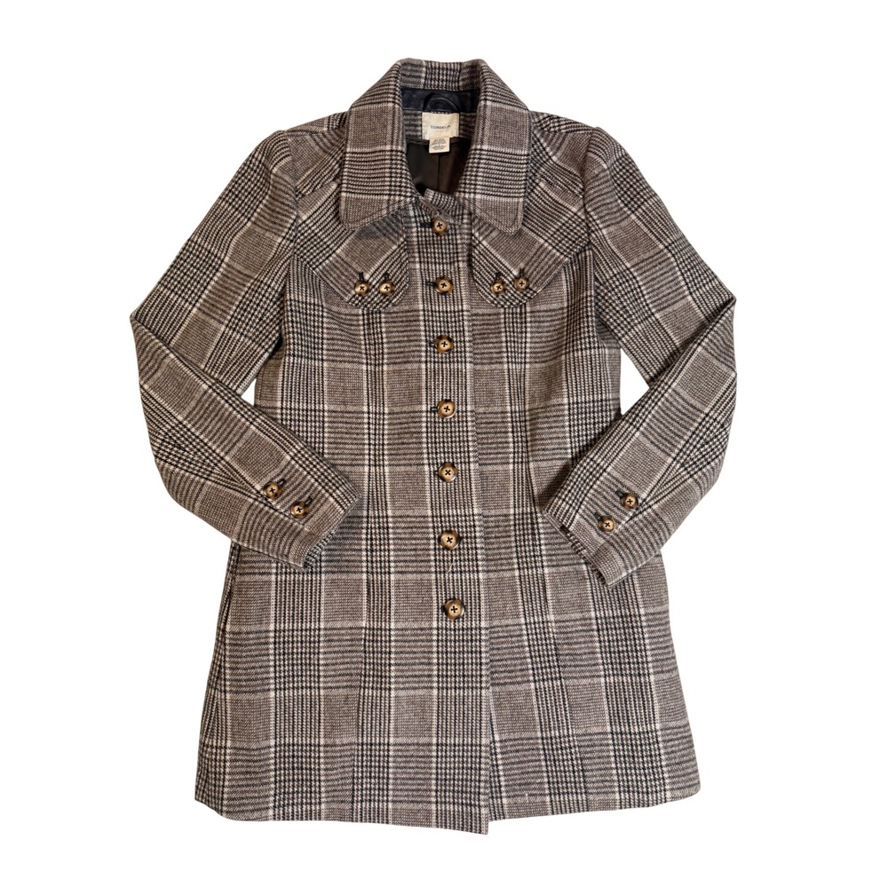 Cordelia Wool Blend Glen Plaid Coat Brown Tan Size 8 Button Front Mid Length